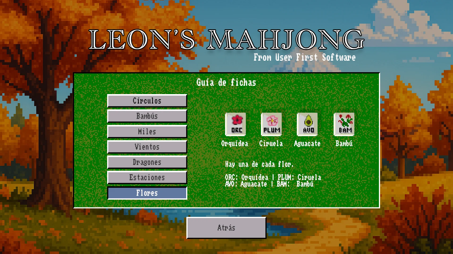 Pantalla de guía de fichas que explica las fichas de flores